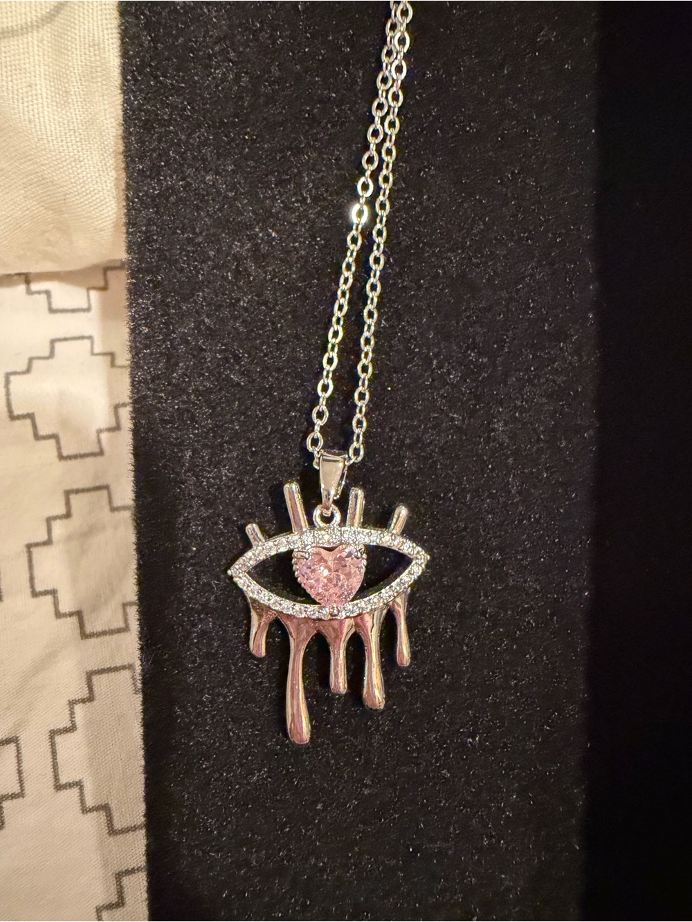 Silver-tone Evil Eye Pendant Necklace with Pink Heart Accent